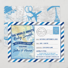 World erwartet Baby Shower Invitation Blue Postcar Einladung
