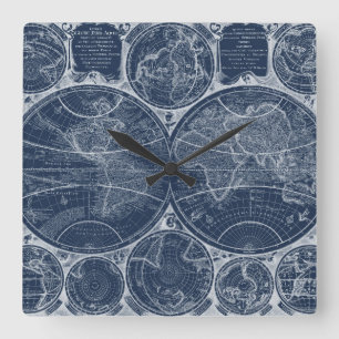 World Globes Blueprint Quadratische Wanduhr