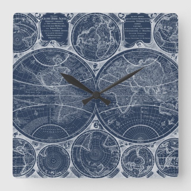 World Globes Blueprint Quadratische Wanduhr (Vorderseite)