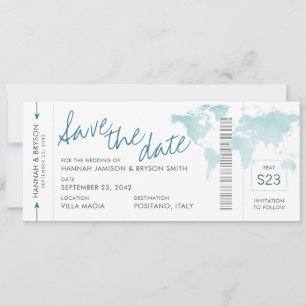 World Map Aquamarin Blue Boarding Pass Save the Da