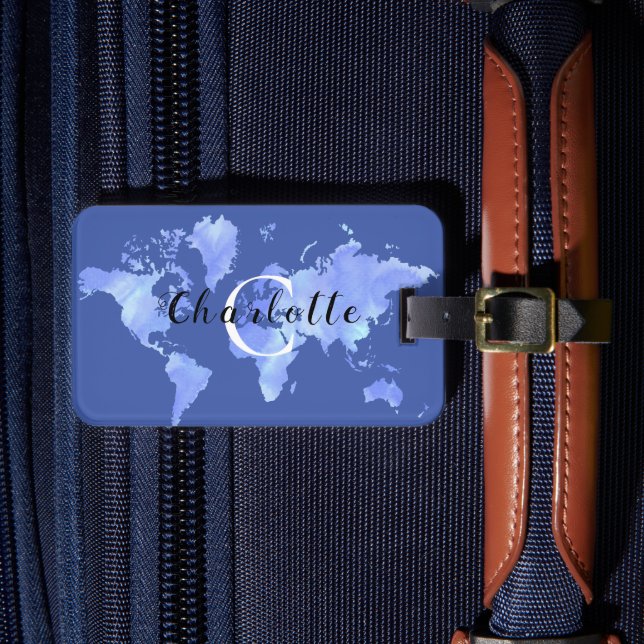 World Map Blue Reise Custom Monogram Name Gepäckanhänger (Vorderseite Insitu 4)
