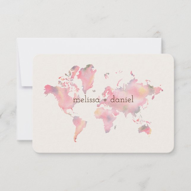 World Map in Pink Shades for Wedding or Event Einladung (Vorderseite)