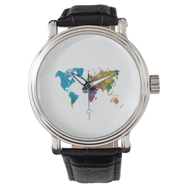 World map in watercolor armbanduhr (Vorderseite)
