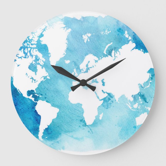 World Map In Watercolor Blues Große Wanduhr (Vorderseite)