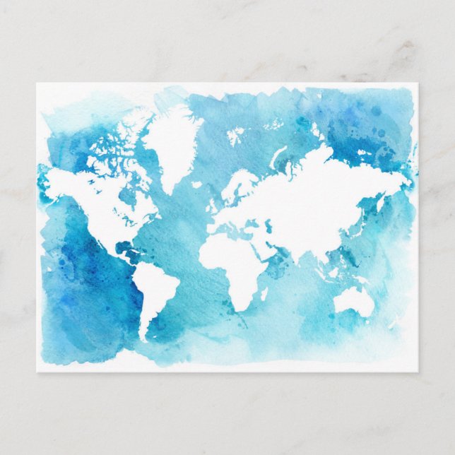 World Map In Watercolor Blues Postkarte (Vorderseite)