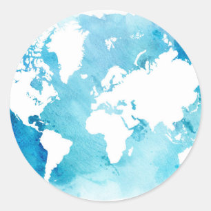 World Map In Watercolor Blues Runder Aufkleber