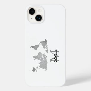 World Map Monogram Name Traver Custom Grau White Case-Mate iPhone 14 Plus Hülle