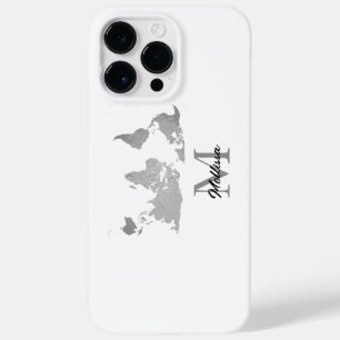World Map Monogram Name Traver Custom Grau White Case-Mate iPhone 14 Pro Max Hülle