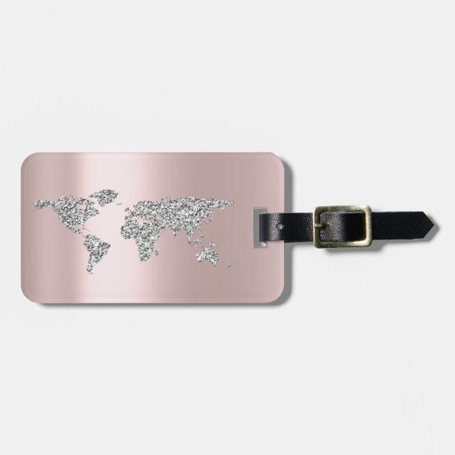 World Map Rose Gray Address Name Elegant Gepäckanhänger (Vorderseite horizontal)
