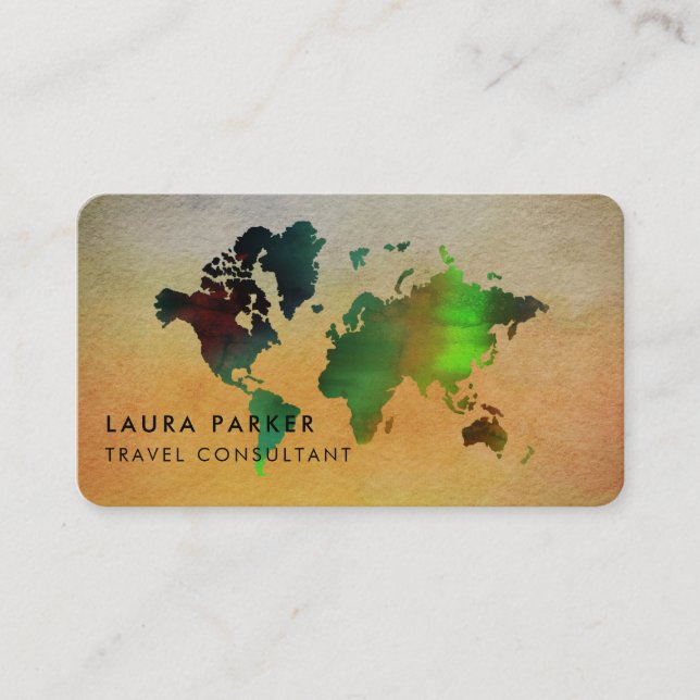World Map Travel Agent Watercolor Tourism Booking Visitenkarte (Vorderseite)