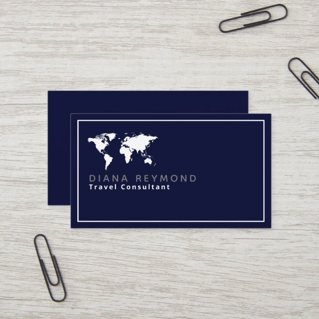World Map Travel Consultant in dunkelblau Visitenkarte (Vorderseite/Rückseite Beispiel)