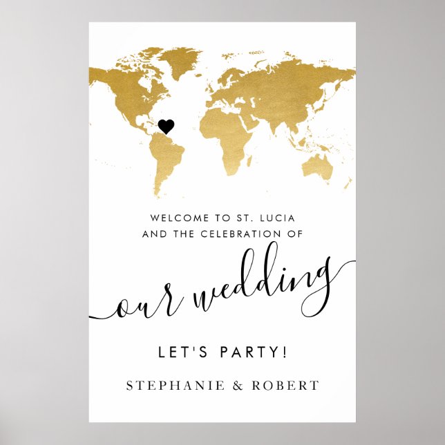 World Map Travel Wedding Gold Welcome Sign Poster (Vorne)