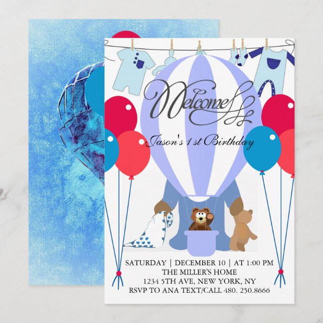 World of Blue Balloons Einladung zum ersten Geburt (Vorne/Hinten)