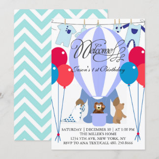 World of Blue Balloons Einladung zum ersten Geburt