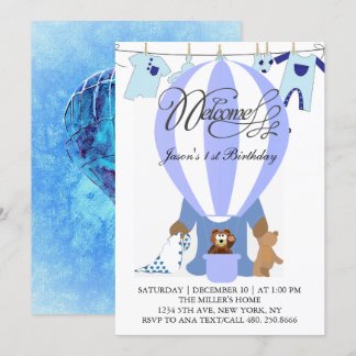 World of Blue Balloons Einladung zum ersten Geburt