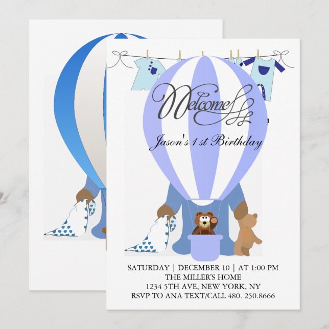 World of Blue Balloons Einladung zum ersten Geburt (Vorne/Hinten)