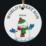 World’s Best Son Snowman Christmas Keramik Ornament<br><div class="desc">World's Best Son Snowman Christmas Ceramic Ornament with the year on the back. This ornament design has a cute snowman on blue snowflake background. Change the text to daughter,  grand son ,  nephew,  uncle ,  wife or special person in your life.</div>