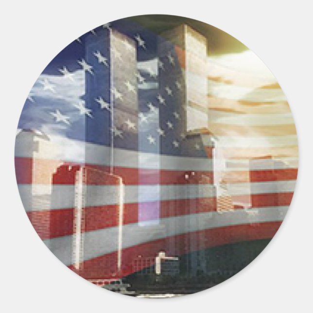 World Trade Center mit Flaggen Runder Aufkleber (Vorderseite)