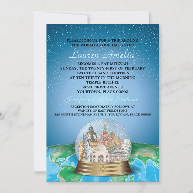 World Travel Bar Bat Mitzvah Snow Globe Einladung (Vorderseite)