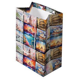 World Travel Destinationen in Wasserfarbe Mittlere Geschenktüte