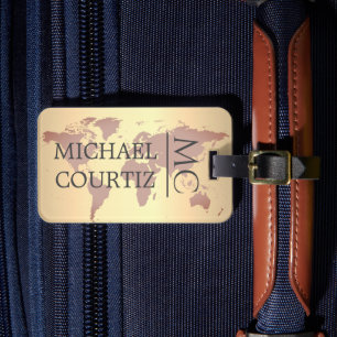 World Traveller map Brown Brush Metal Mit Monogram Gepäckanhänger