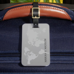 World Traveller map Gold Brush Metal Mit Monogramm Gepäckanhänger