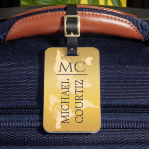 World Traveller map Silver Brush Metal Mit Monogra Gepäckanhänger