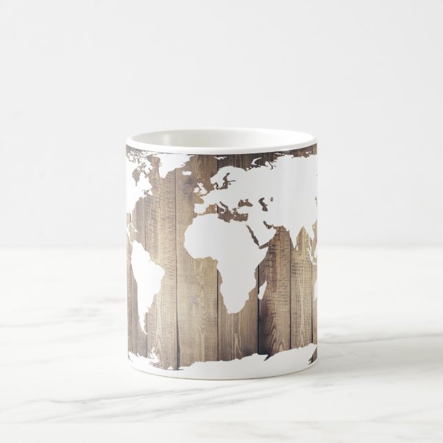 World Traveller White World Map Rustic Wood Kaffeetasse (Mittel)