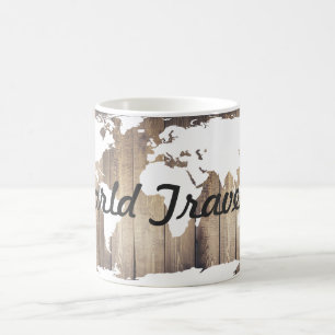 World Traveller White World Map Rustic Wood Kaffeetasse