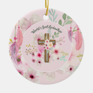 World's Best GODMOTHER POEM - Floral Cross Keramik Ornament