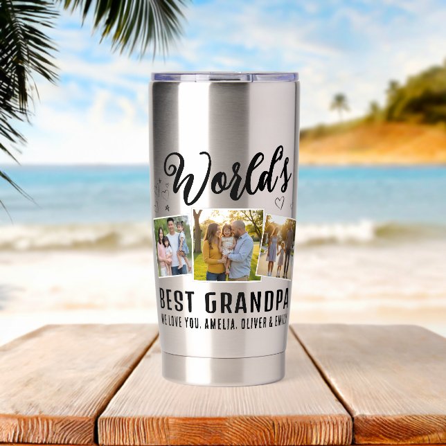 World's Best Grandpa Custom 3 Photo Collage Thermobecher (Strand (gedreht))