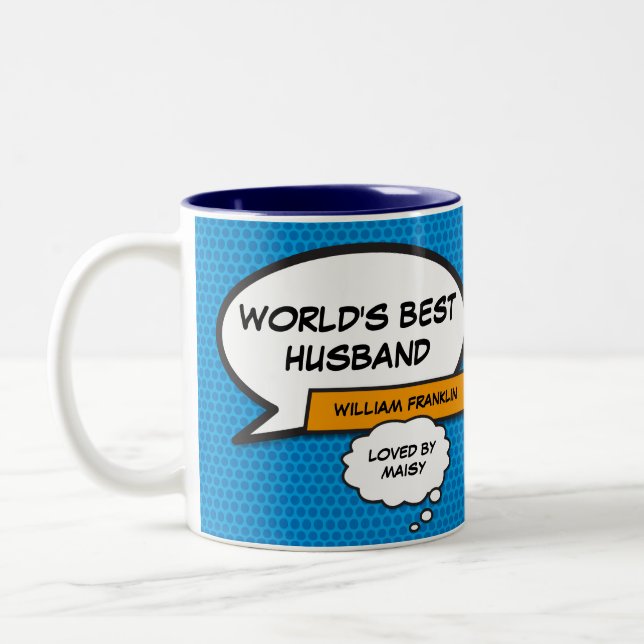 World's Best Husband Blue Cool Fun Comic Book Zweifarbige Tasse (Links)