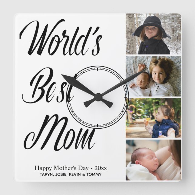 World's Best Mom Mother's Day Photo Collage Square Quadratische Wanduhr (Vorderseite)