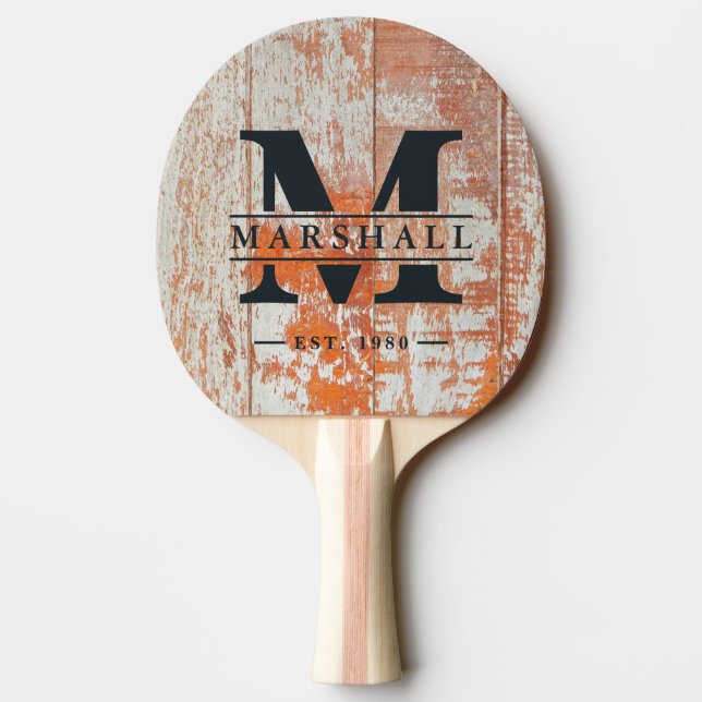 Worn Barn Wood Monogram & Name Overlay Tischtennis Schläger (Rückseite)