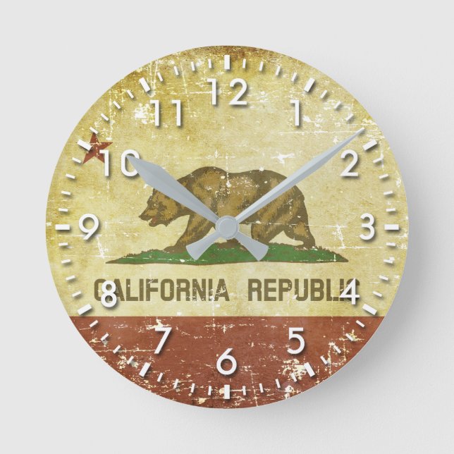 Worn Patriotic California State Flag Runde Wanduhr (Vorderseite)