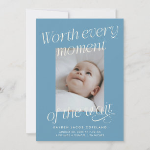 Worth The Wait Denim Blau Foto Moderne Geburt Ankündigung