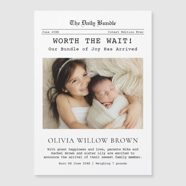Worth the Wait, Newspaper Newborn Magnetic Card Magnetkarte (Vorderseite)