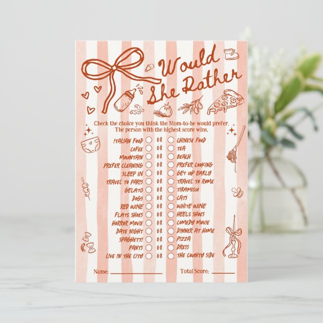 Would She Rather Baby Shower Game in Red (Stehend Vorderseite)