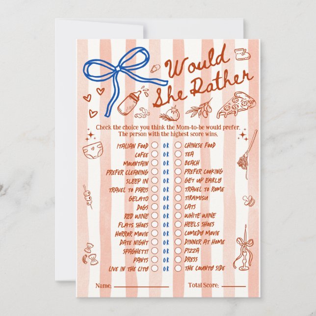 Would She Rather Baby Shower Game in Red Blue (Vorderseite)