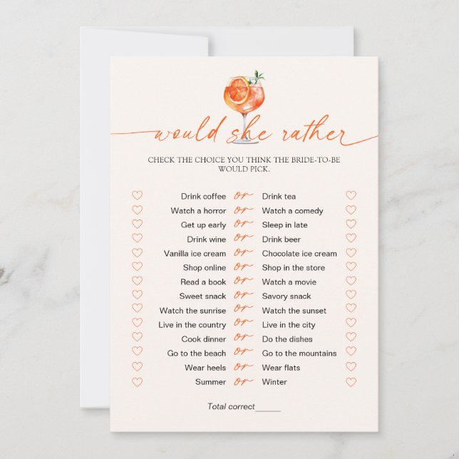 Would She Rather Cocktail Bridal Shower Game  Einladung (Vorderseite)