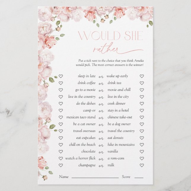 Would She Rather Floral Pink Bridal Shower Game (Vorderseite)