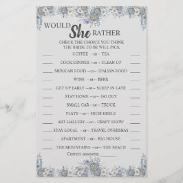Would She Rather Grey Bridal Shower Game Card Flyer
