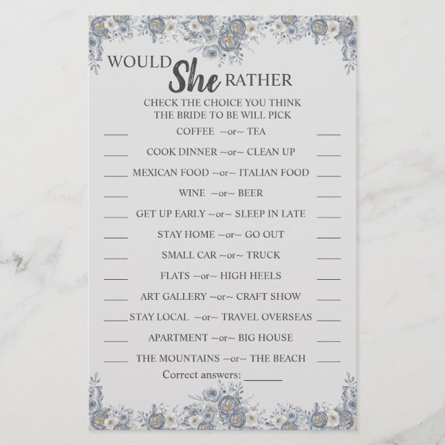 Would She Rather Grey Bridal Shower Game Card Flyer (Vorne)