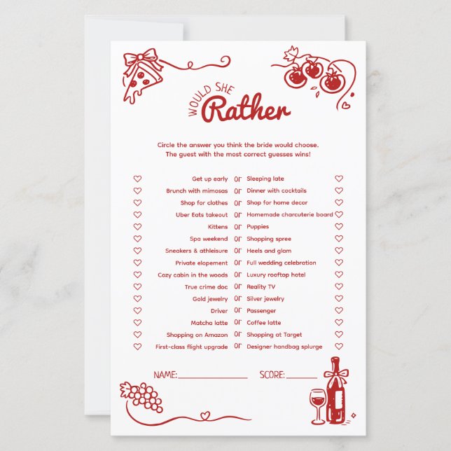 Would She Rather That's Amore Bridal Shower Game   (Vorderseite)