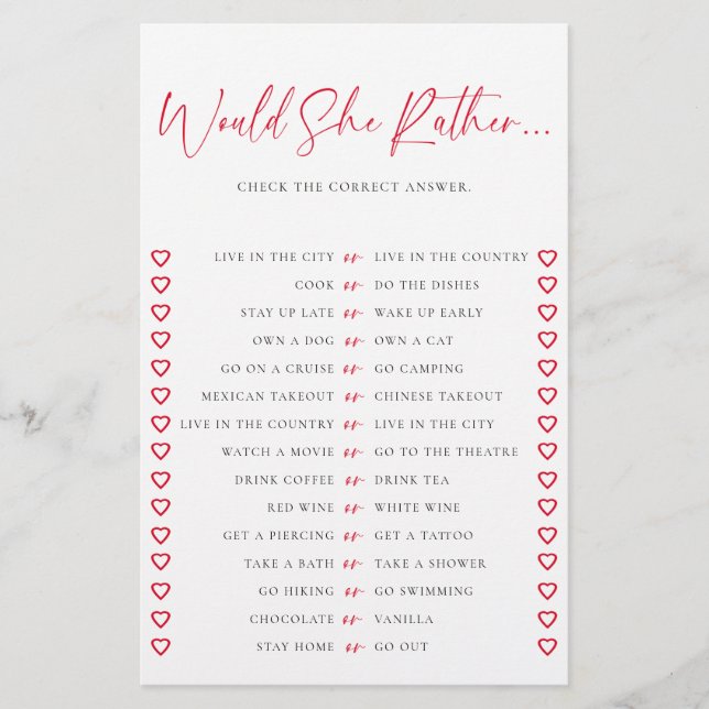 Would She Rather Valentine Chic Bridal Shower Game Flyer (Vorne)
