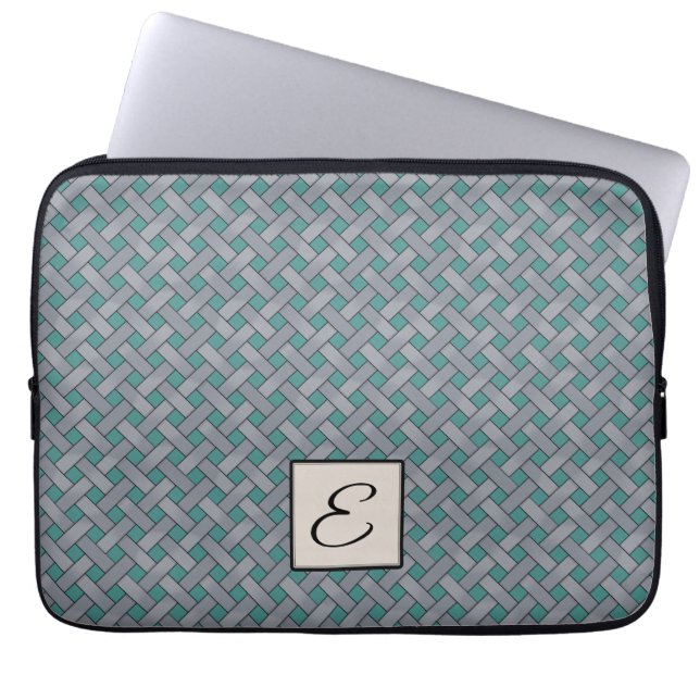 Woven Silver Rattan auf Custom Aquamarin mit Monog Laptopschutzhülle (Vorderseite)