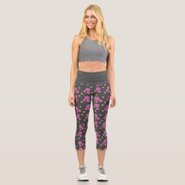 Wow! Elegantes, dunkelgraues und rosa Blume-Muster Capri Leggings