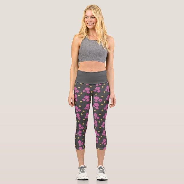 Wow! Elegantes, dunkelgraues und rosa Blume-Muster Capri Leggings (Vorderseite)