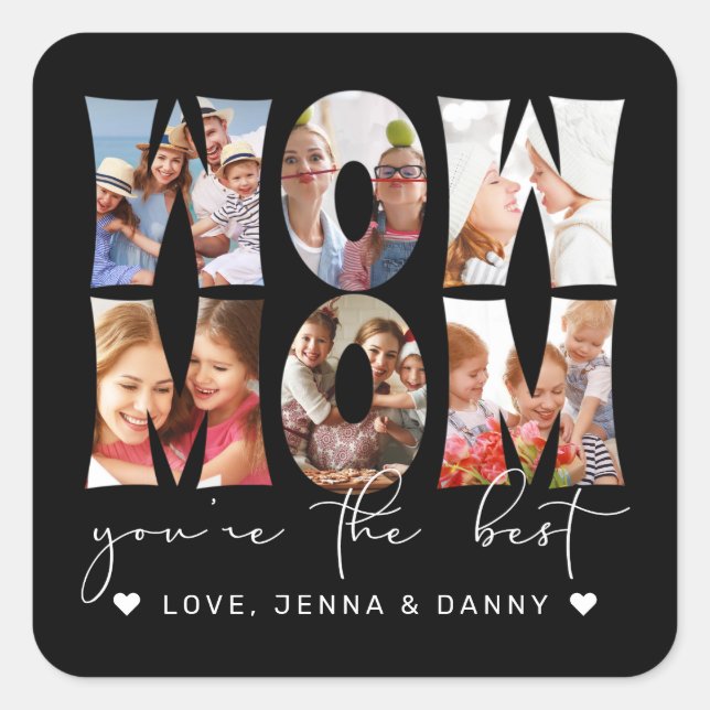 Wow Mama Zitat Modernes Schwarzes 6 FotoCollage Quadratischer Aufkleber (Vorderseite)