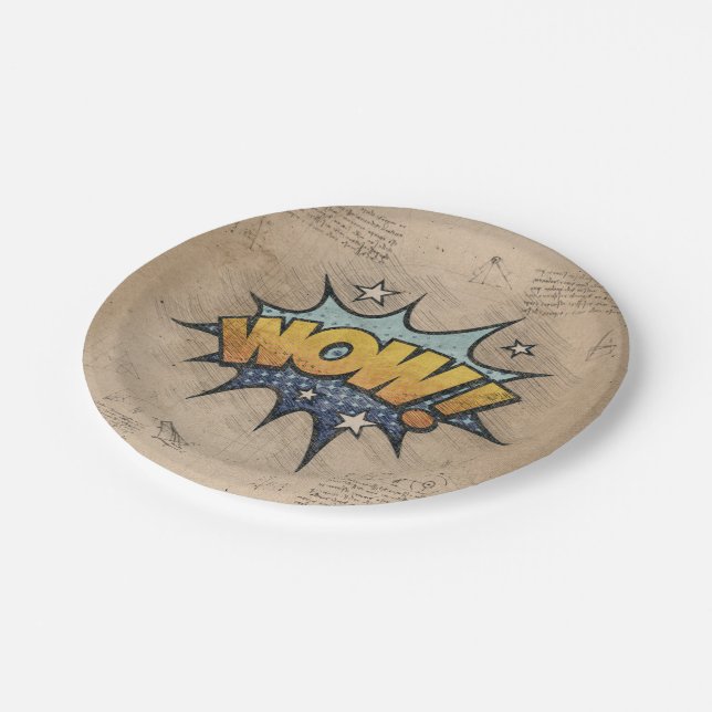 WOW! Vintages Comic Buch Steampunk Pop Kunst Pappteller (Schrägansicht)